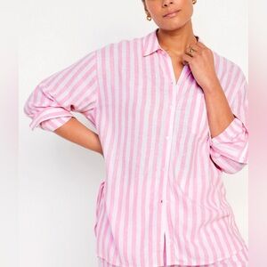 Old Navy Classic Boyfriend Shirt L Soft Linen Blend Pink & White Stripe Relaxed